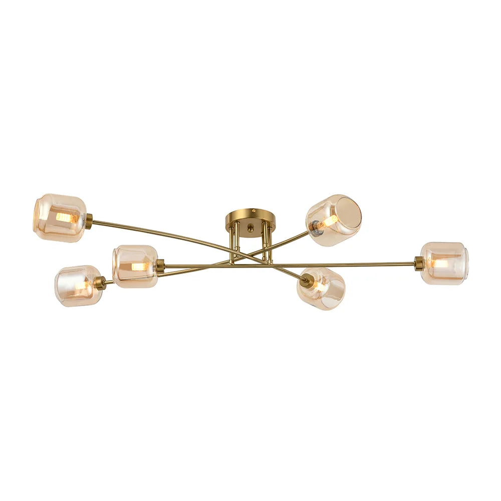 Plafon de 6 luces en latón cepillado y cristal ámbar
