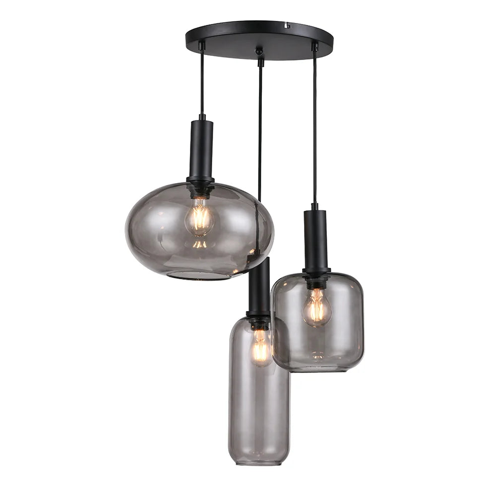 Trio de Lámparas de techo colgante en negro y cristal fumé