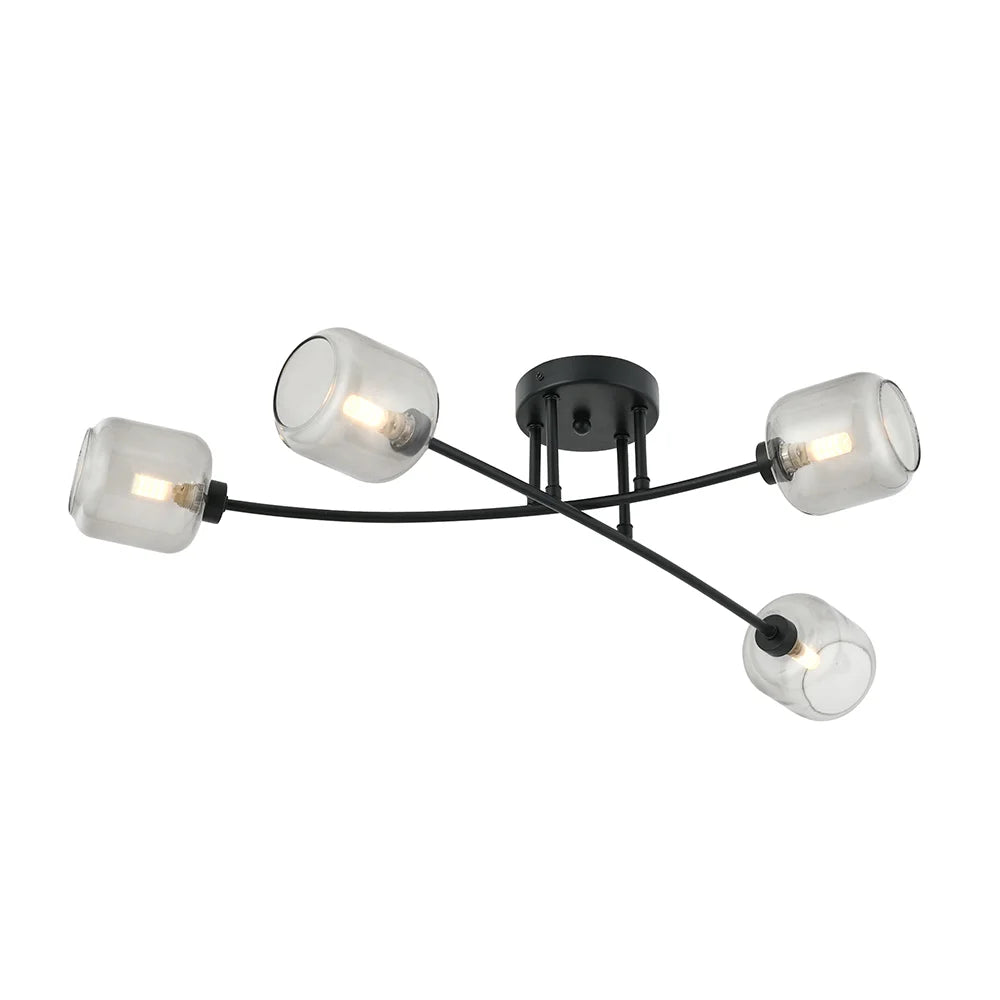 Semiplafón de techo 4 luces en negro y cristal fumé