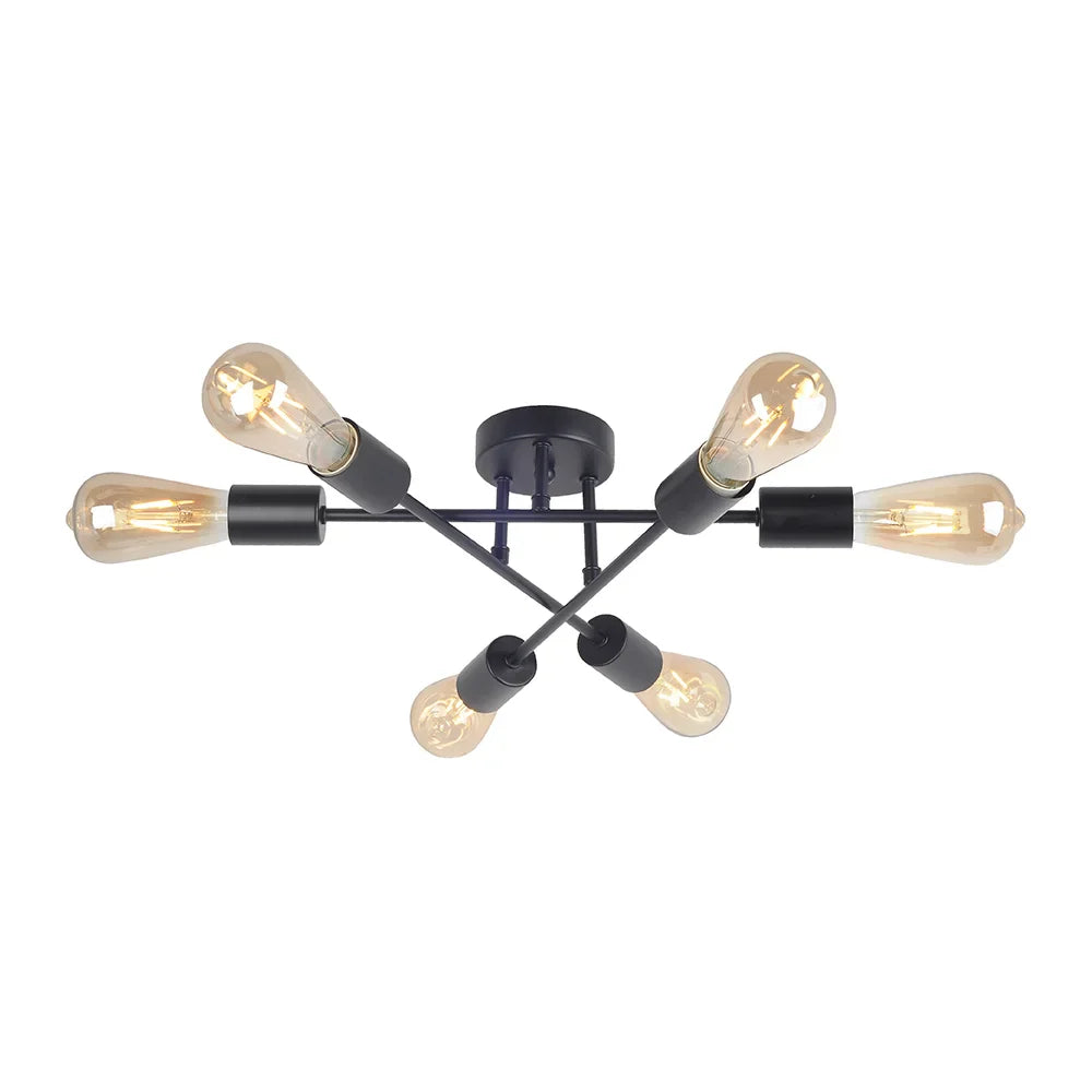 Plafón LED de techo en hierro negro de 6 bombillas