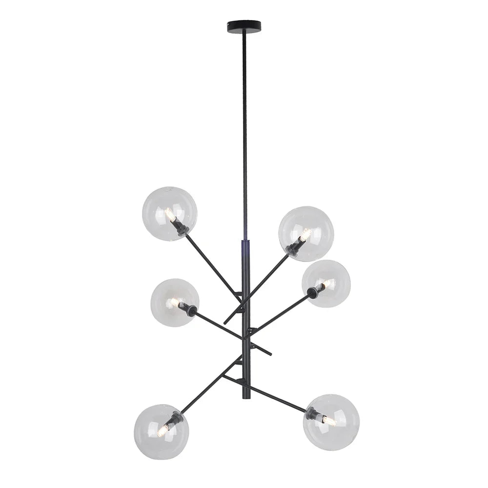 Lámpara colgante negra de 6 luces | Tulipa cristal transparente