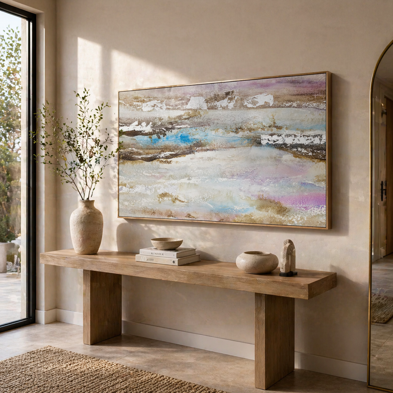 Pintura abstracta acrílica en tonos malva y plata