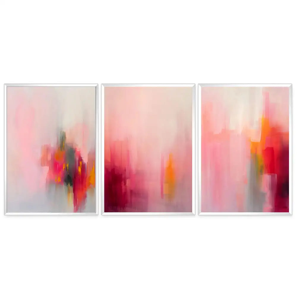 Set de 3 cuadros de arte contemporáneo en rojo, coral y amarillo
