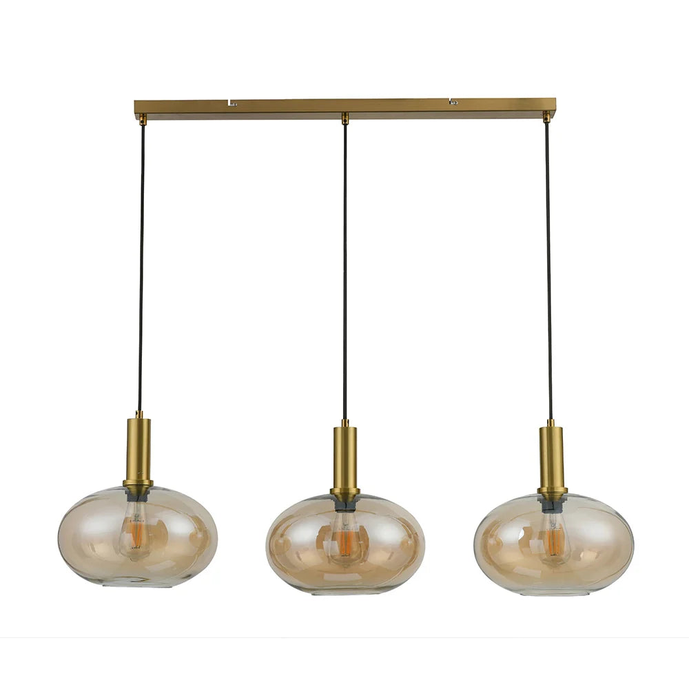 Lámpara colgante de 3 luces | Cristal ámbar y latón cepillado