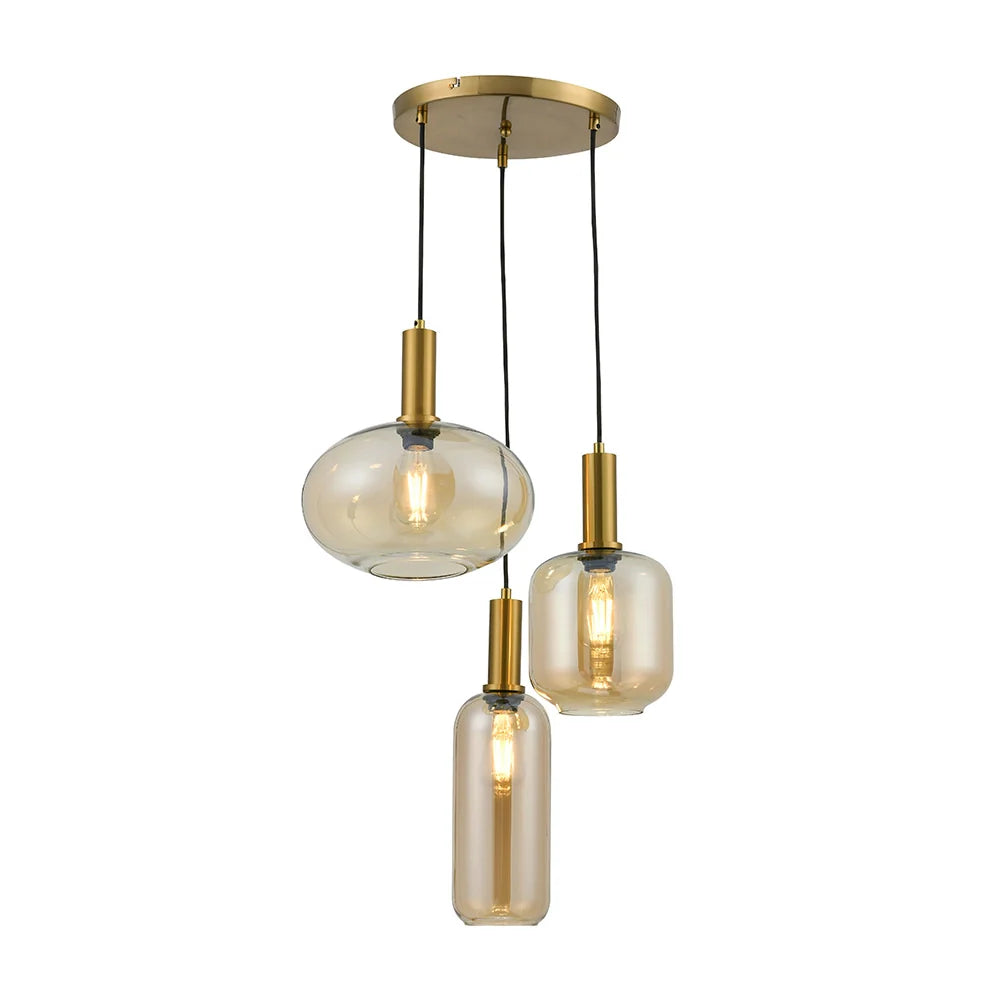 Lámpara de techo colgante 3 luces |Latón cepillado y cristal ámbar
