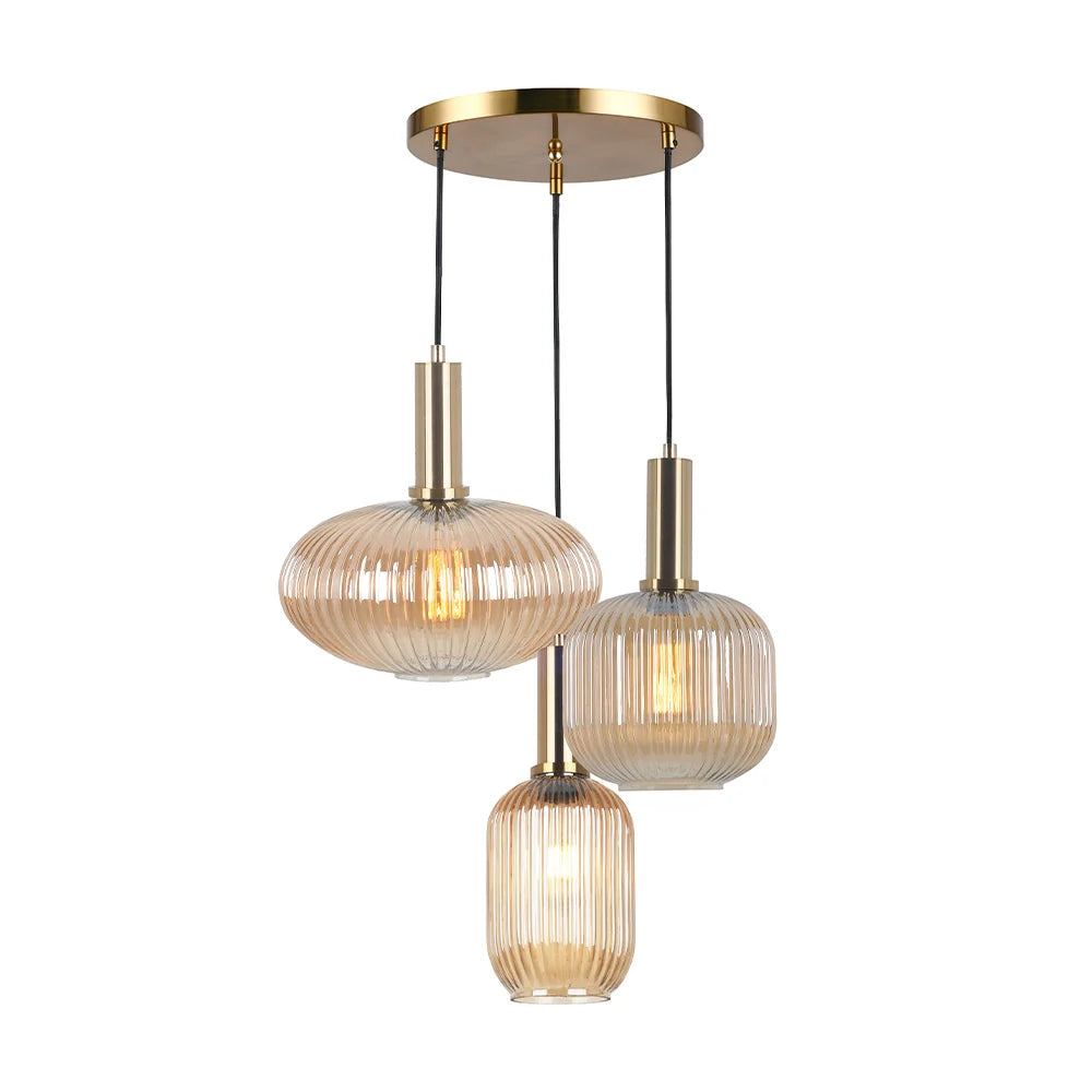 Lámpara colgante de cristal 3 luces | Ámbar y latón