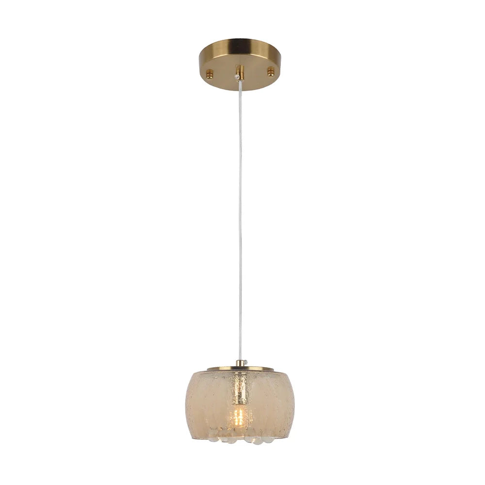 Lámpara de techo colgante dorada con tulipa de cristal ámbar