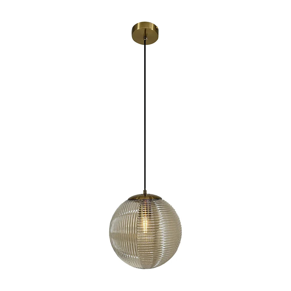 Lámpara colgante de cristal |Esfera ámbar y metal cuero