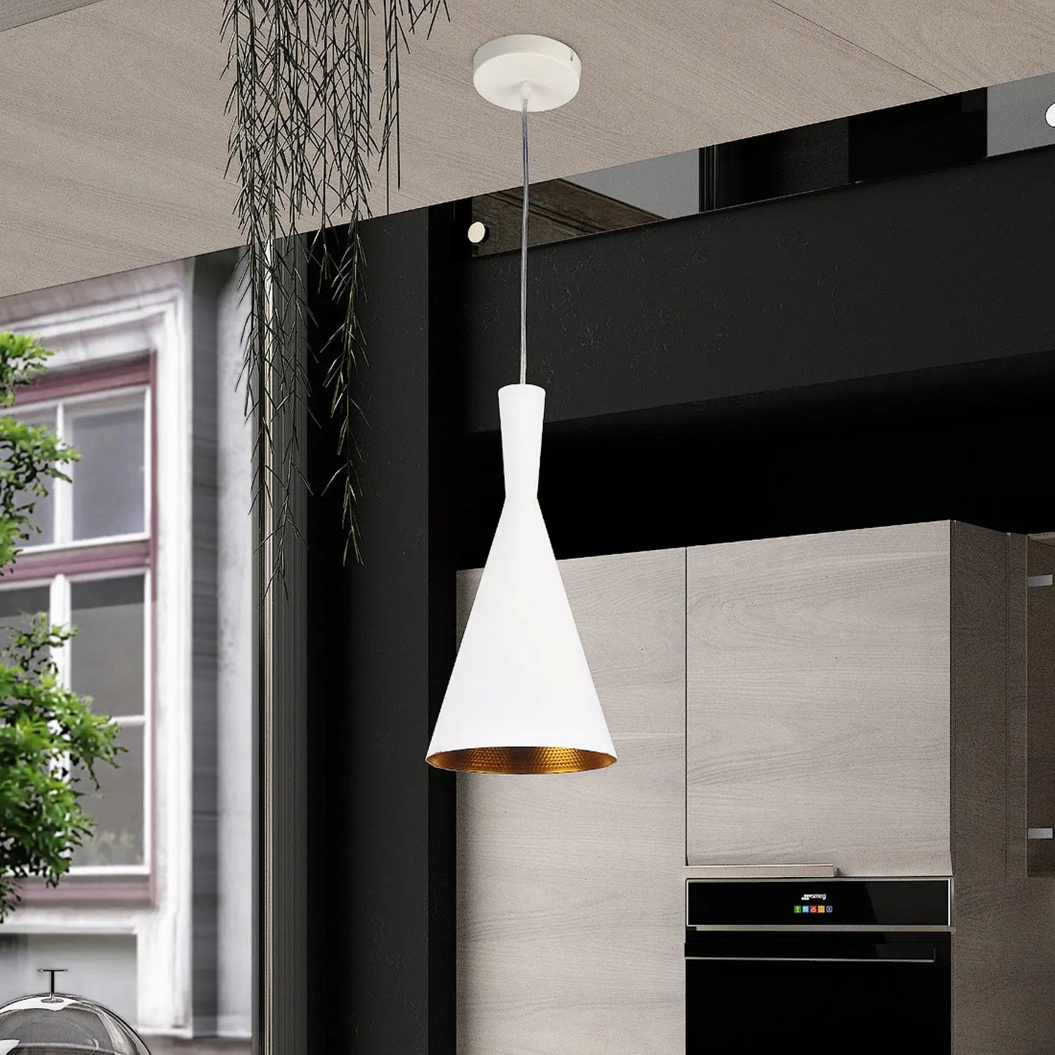 Lámpara de techo colgante | Color blanco con interior dorado Estilo cónico