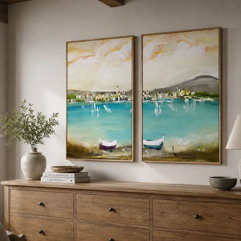 Cuadro mediterráneo moderno azul turquesa con barcos