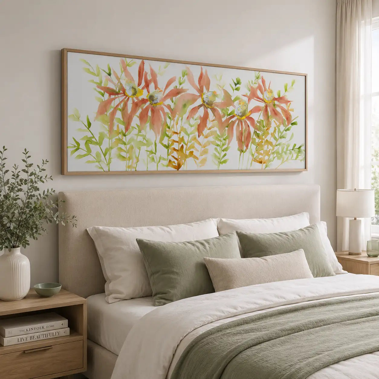 Cuadro botánico pintado a mano con flores coral