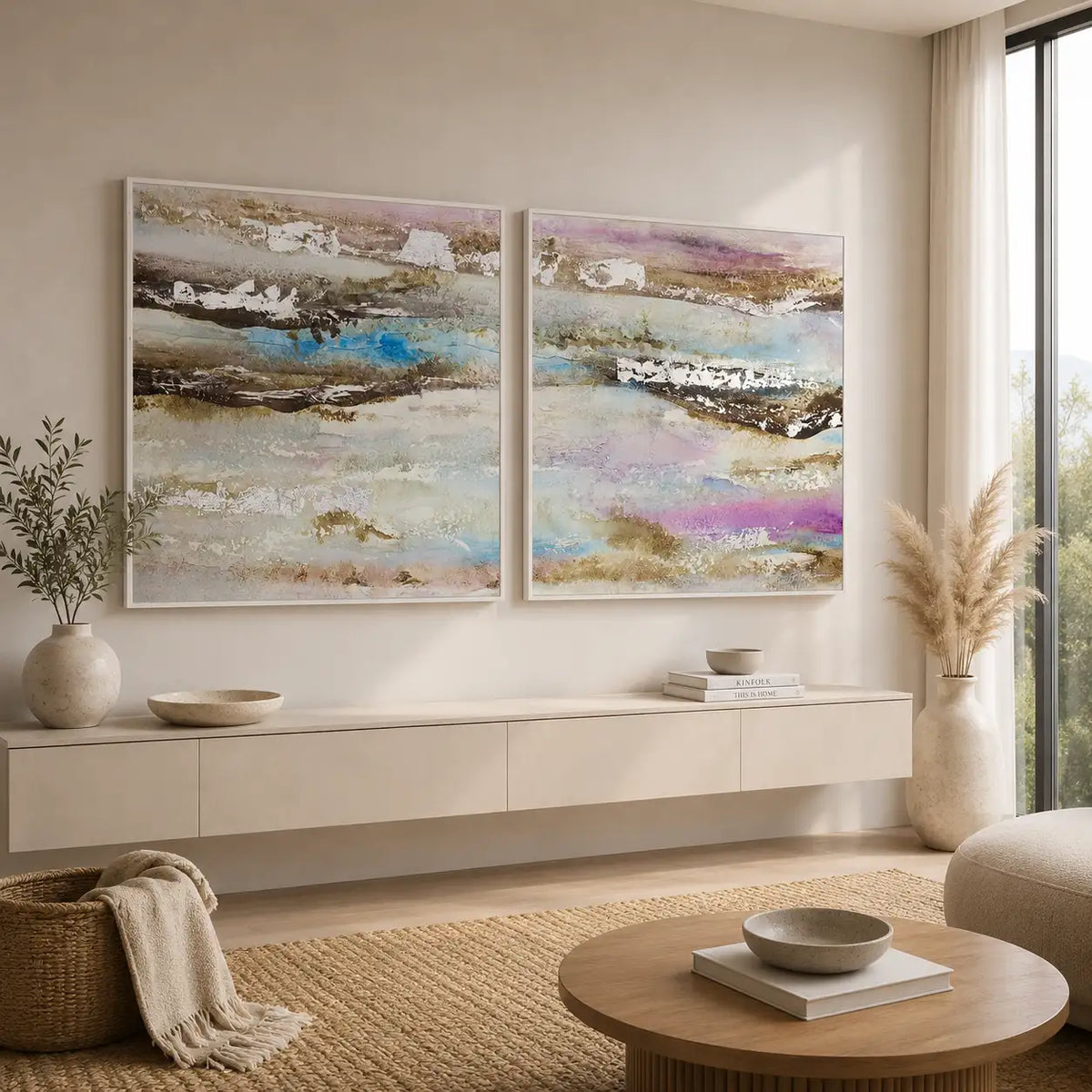 Pintura abstracta acrílica en tonos malva y plata