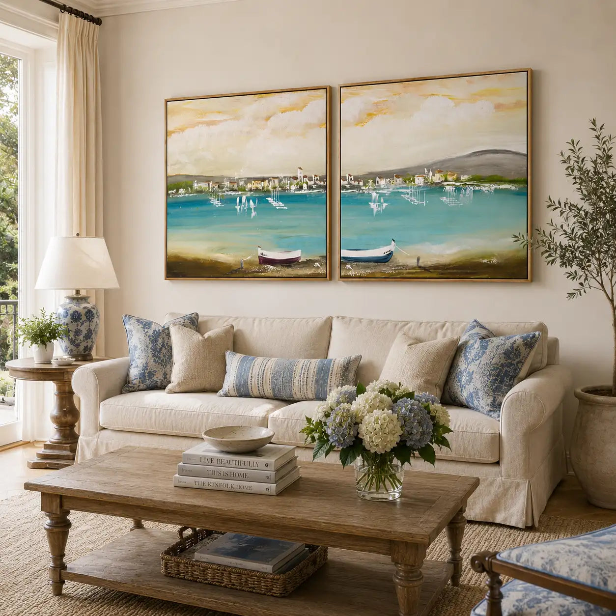 Cuadro mediterráneo moderno azul turquesa con barcos