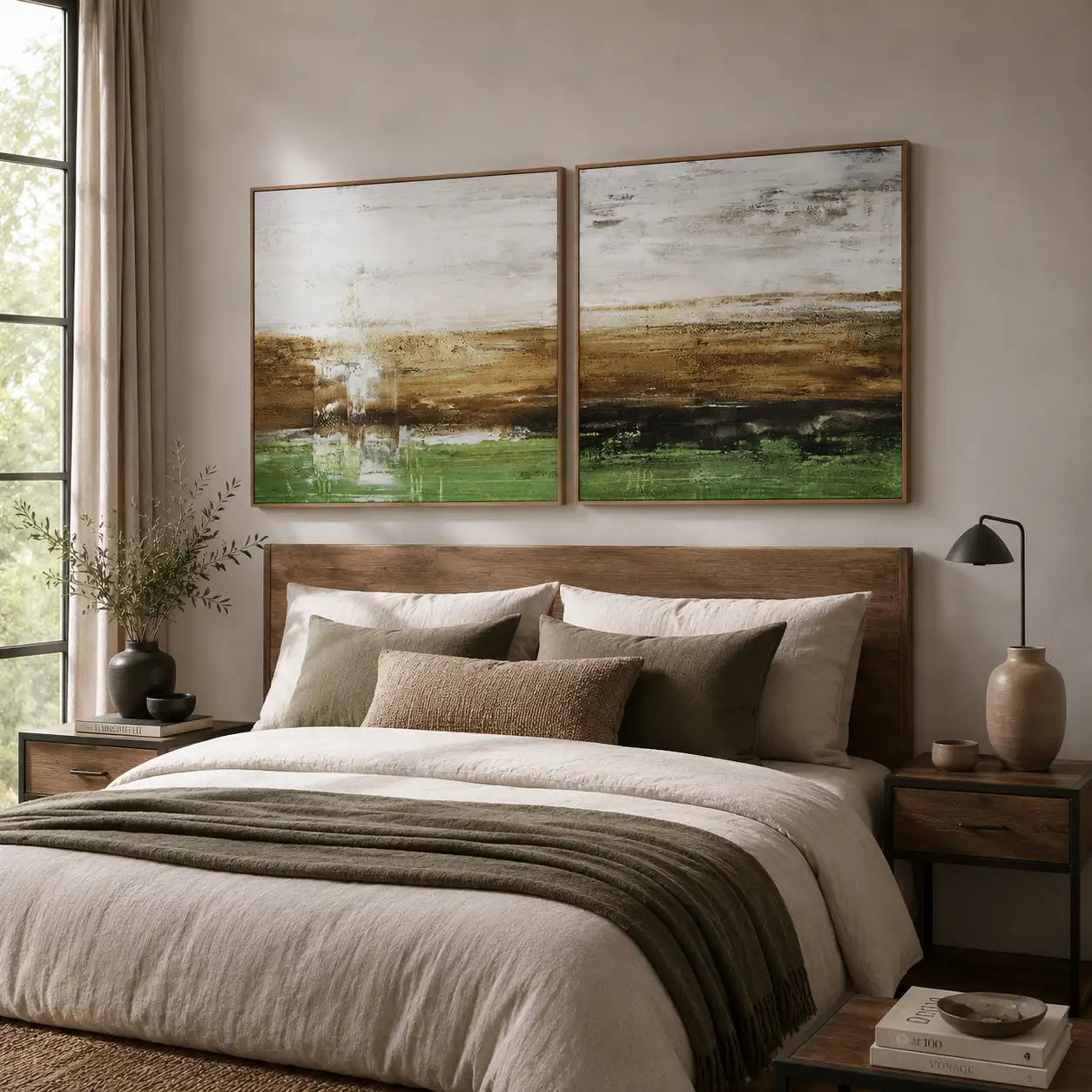 Cuadro pintado a mano moderno con contraste en tonos tierra y verde