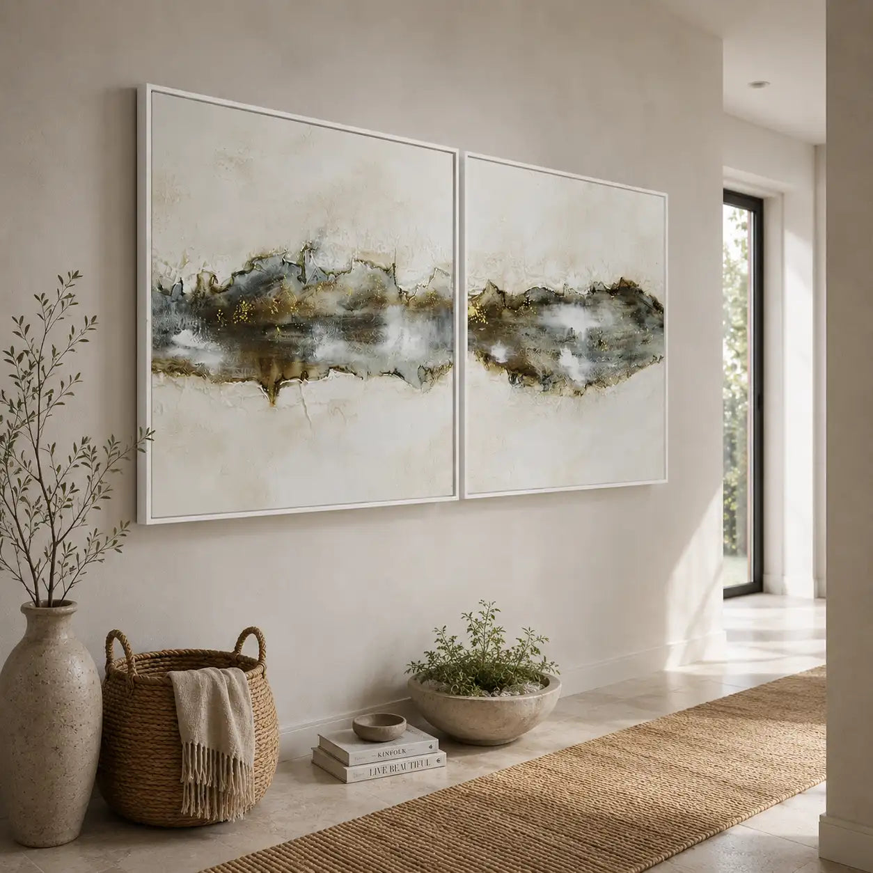 Cuadro con relieve pintado a mano en tonos beige y grafito