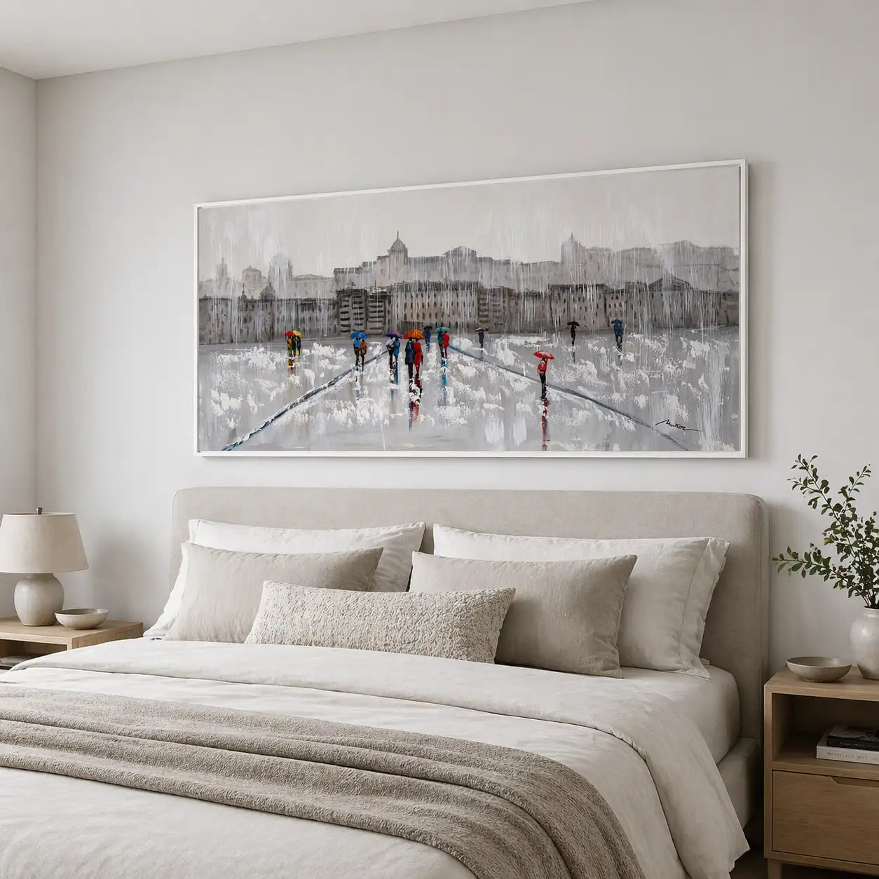 Pintura figurativa | Paseo bajo la lluvia con personas pintadas