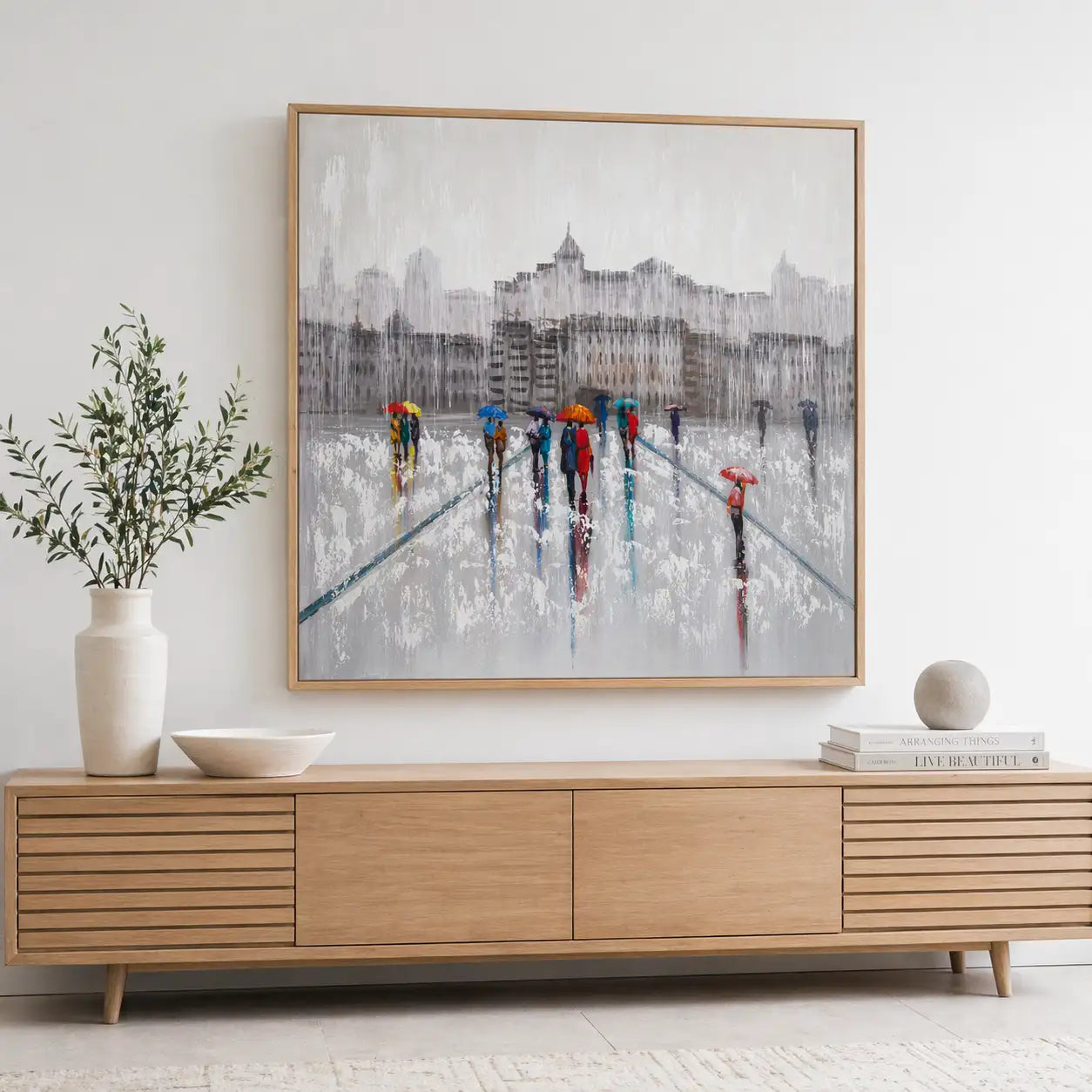 Pintura figurativa | Paseo bajo la lluvia con personas pintadas