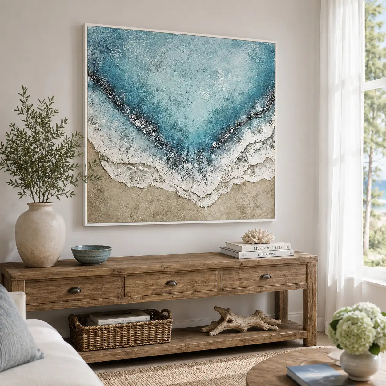 Cuadro azul turquesa inspirado en el mar con textura
