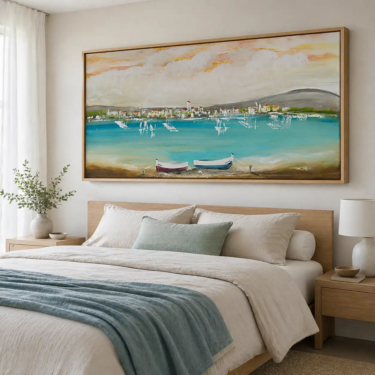 Cuadro mediterráneo moderno azul turquesa con barcos