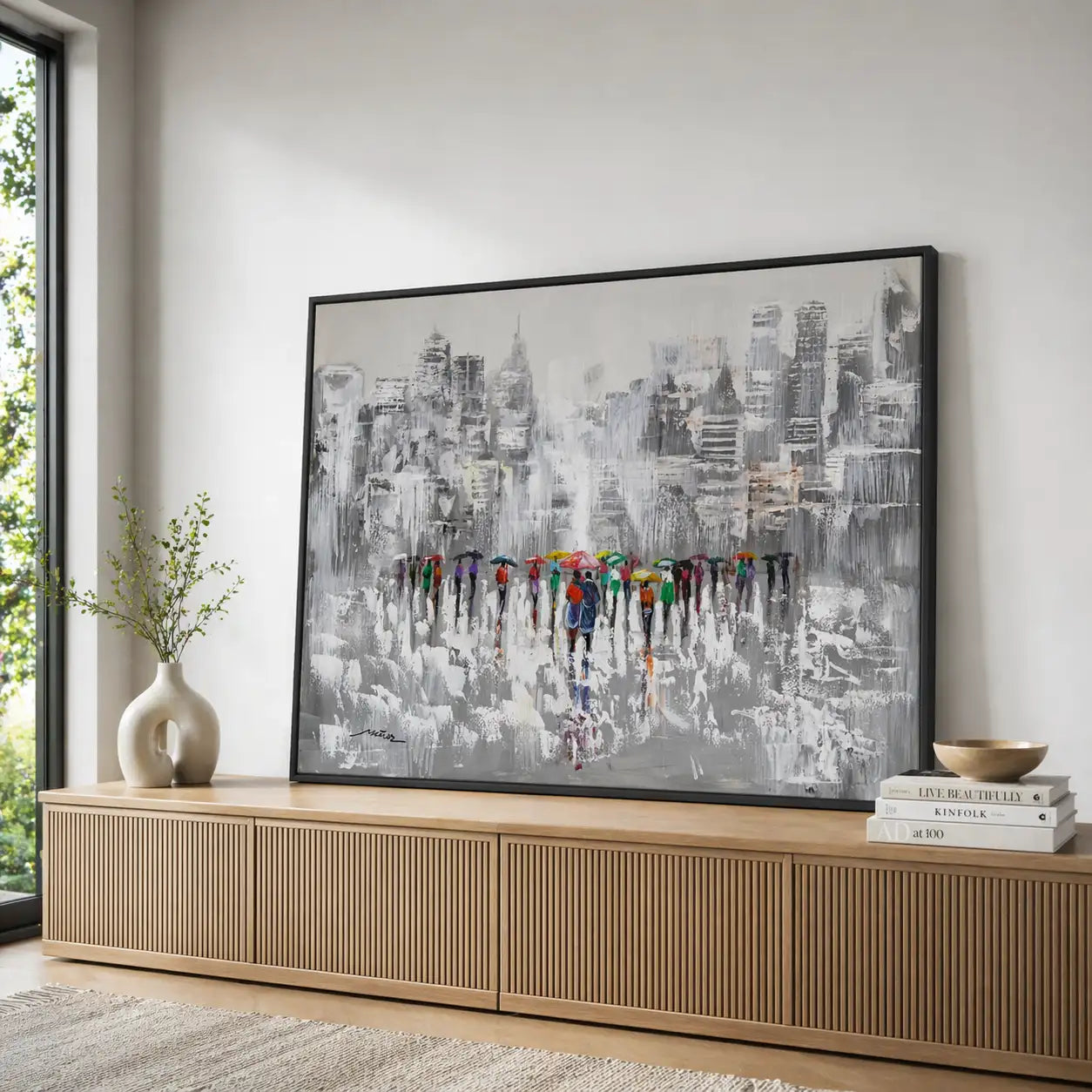 Cuadro acrílico moderno pintado a mano con figuras urbanas