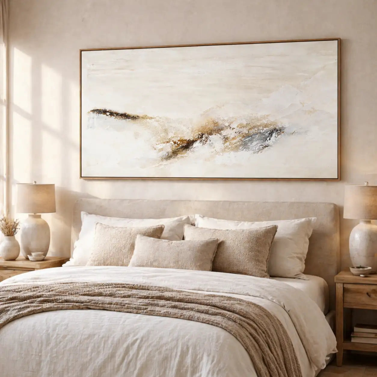 Cuadro pintado a mano con relieve en tonos tierra y blanco