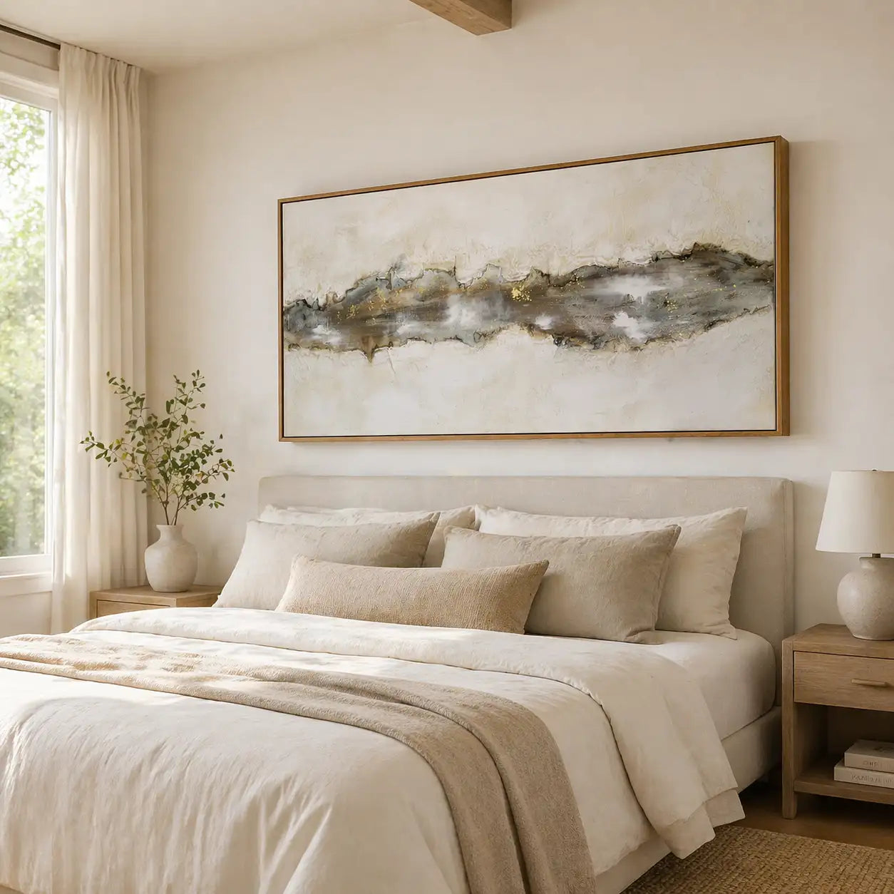 Cuadro con relieve pintado a mano en tonos beige y grafito