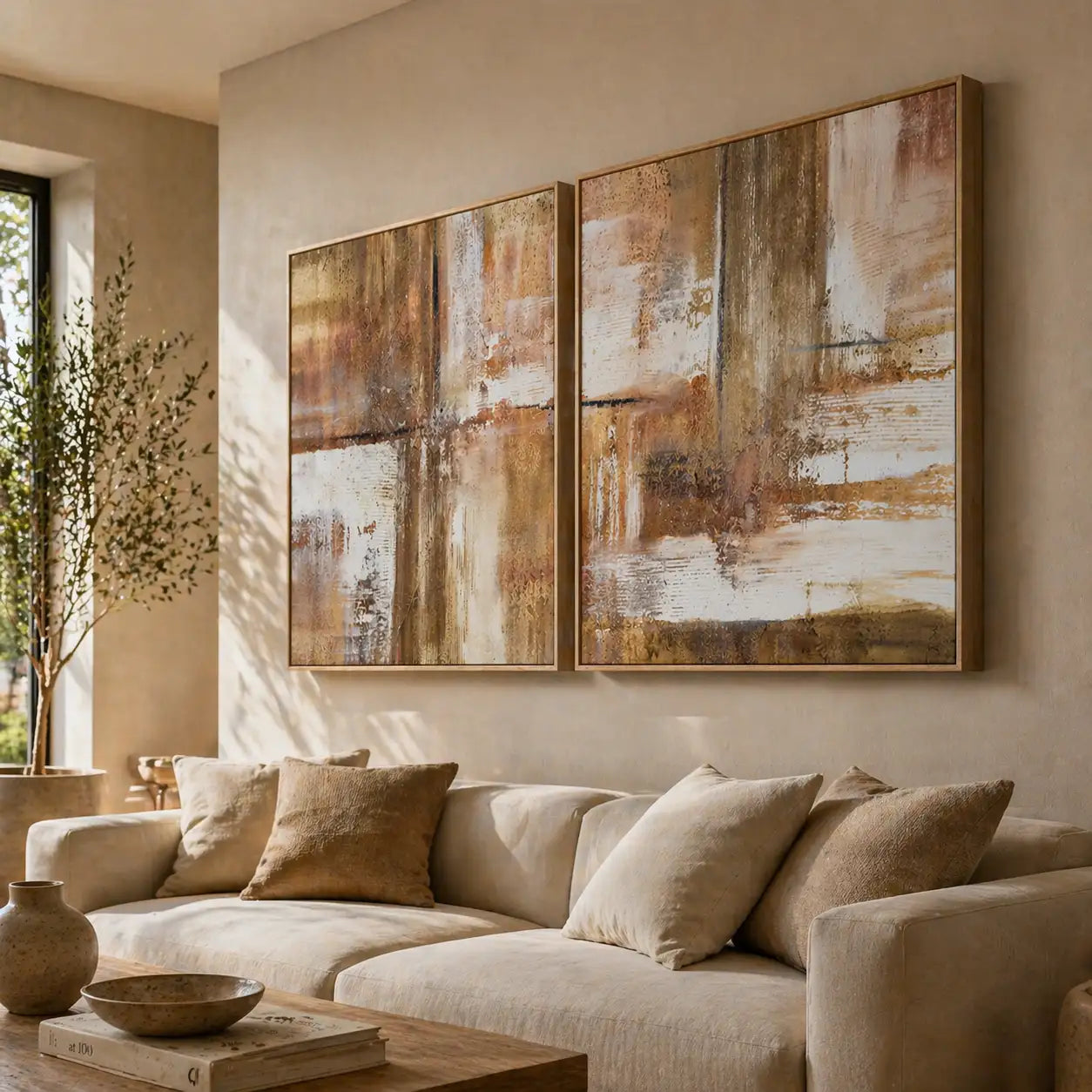 Cuadro pintado a mano en tonos tierra con textura envejecida