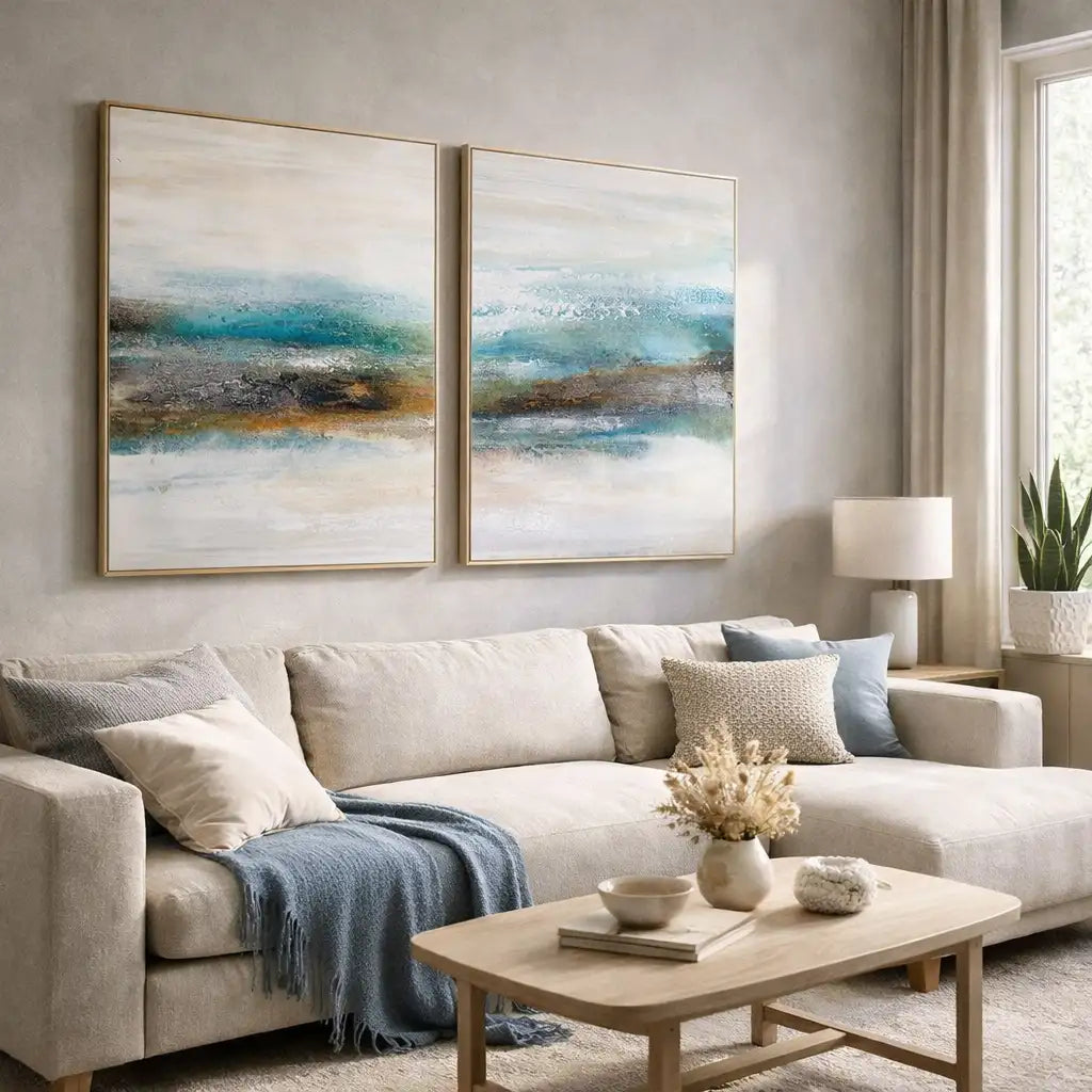 Cuadro abstracto pintado a mano con textura en tonos turquesa