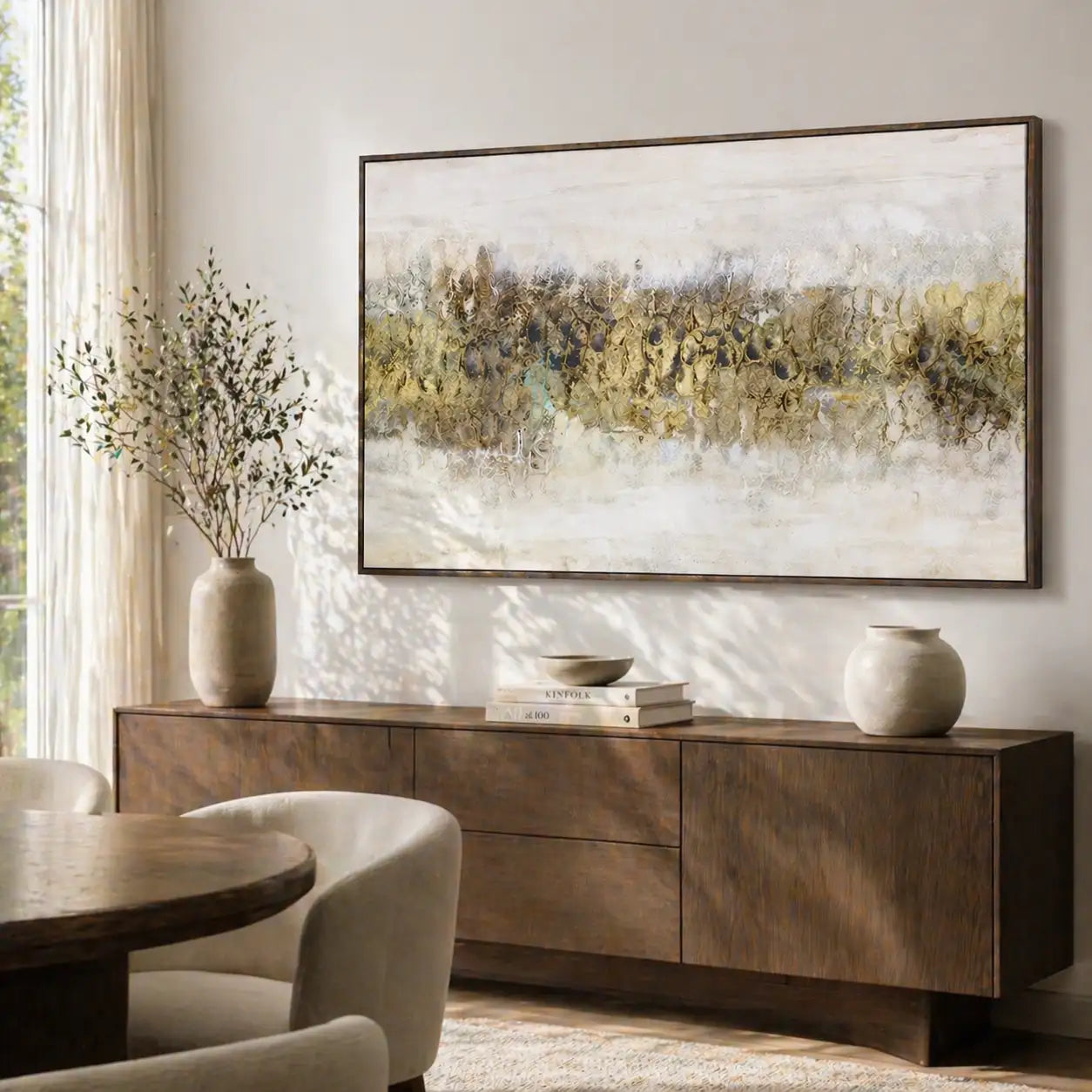 Cuadro con relieve pintado a mano en tonos tierra y dorado