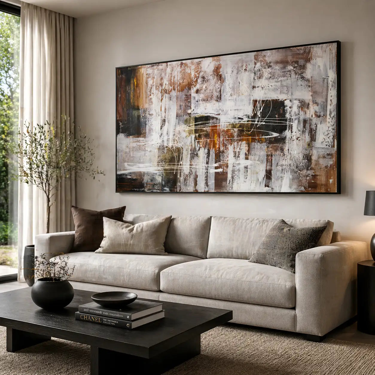 Cuadro abstracto moderno pintado a mano con líneas en blanco