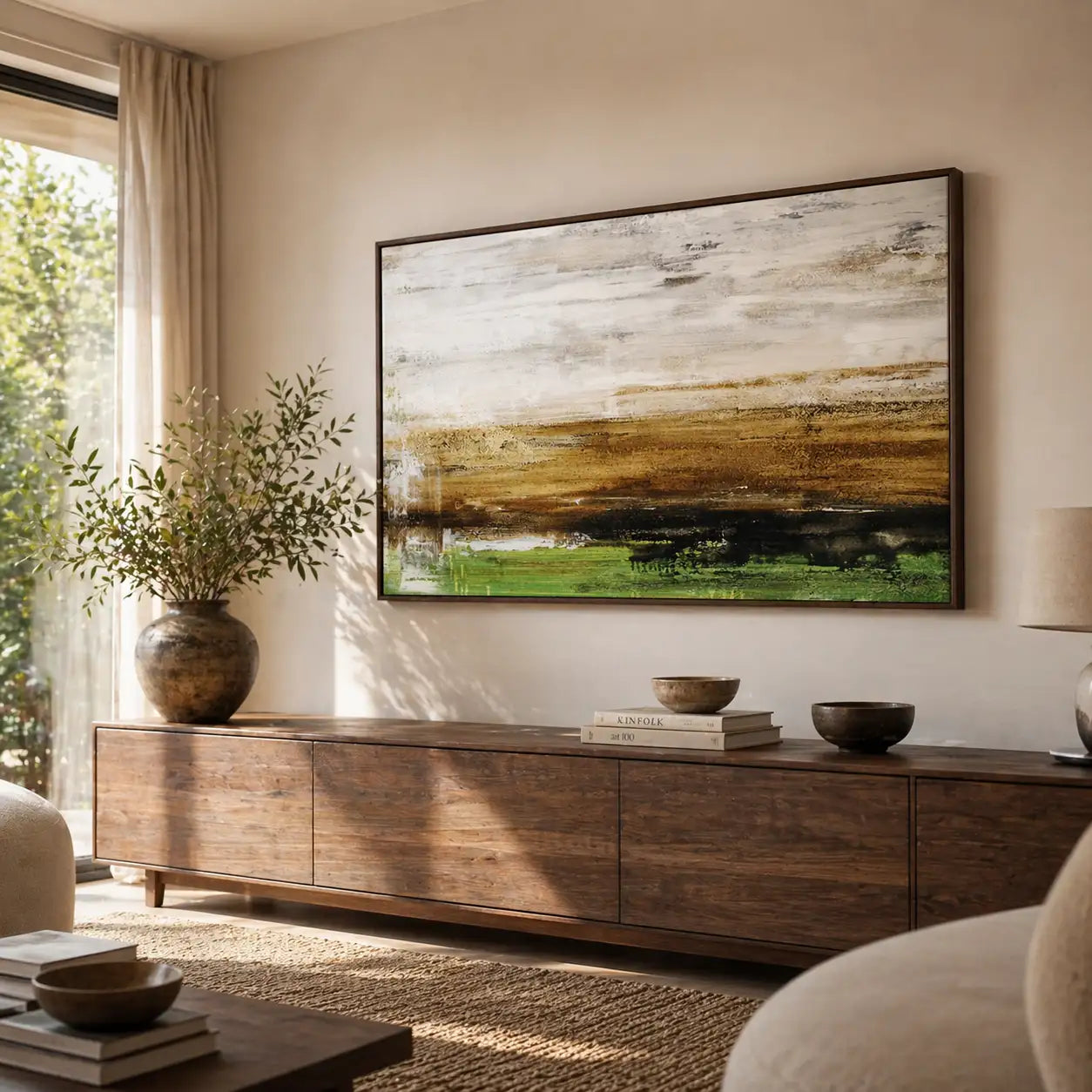 Cuadro pintado a mano moderno con contraste en tonos tierra y verde