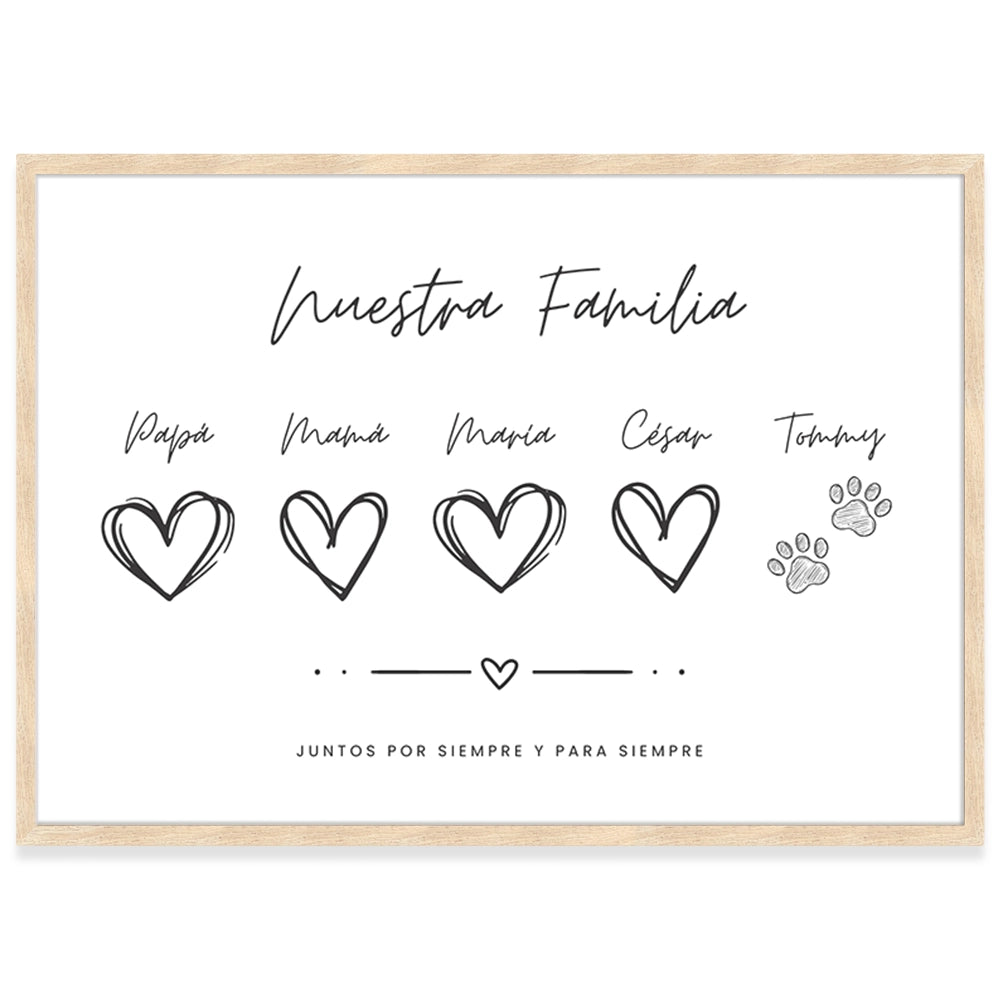 Cuadro de familia personalizado con nombres y mascota