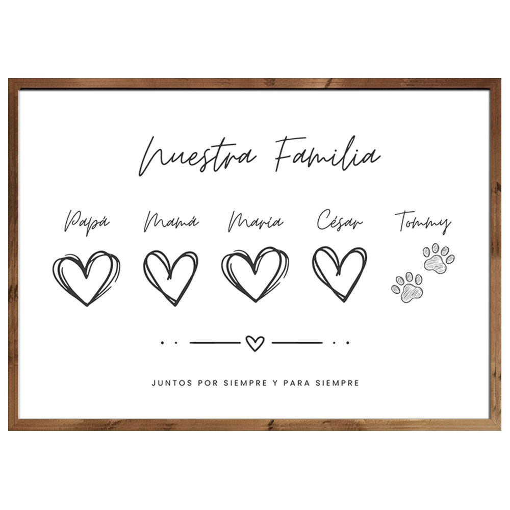 Cuadro de familia personalizado con nombres y mascota