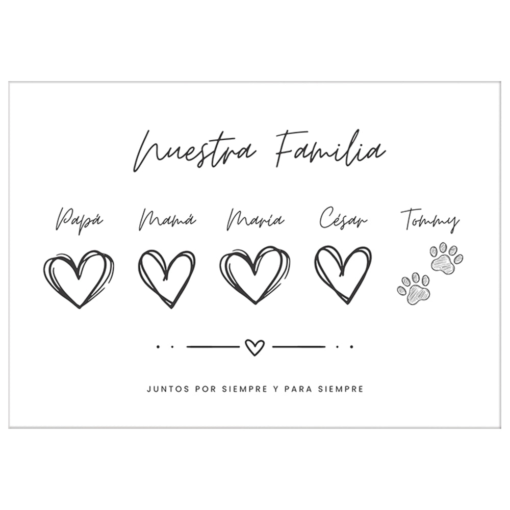 Cuadro de familia personalizado con nombres y mascota