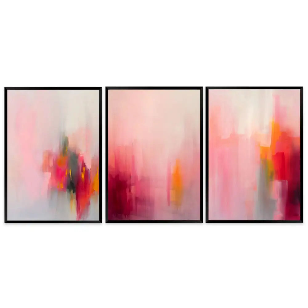 Set de 3 cuadros de arte contemporáneo en rojo, coral y amarillo