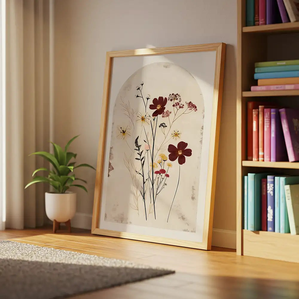 Cuadro botanico en fondo beige con estilo sobrio