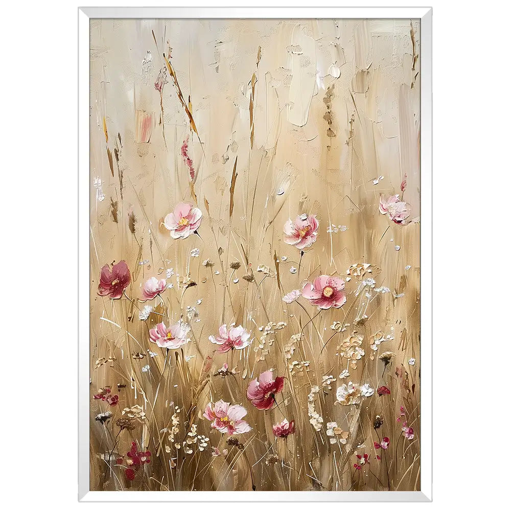 Cuadro con flores en tonos cálidos y fondo beige