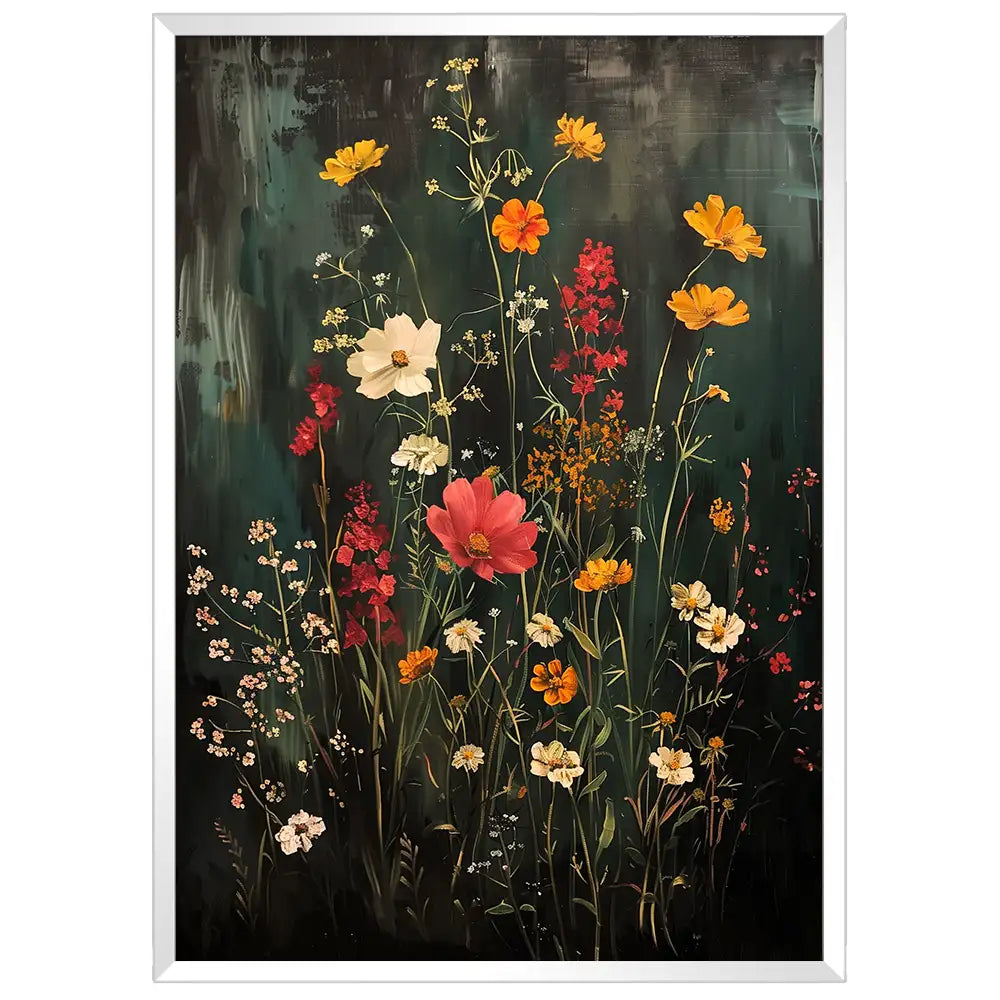 Cuadro de flores con fondo oscuro y colores cálidos