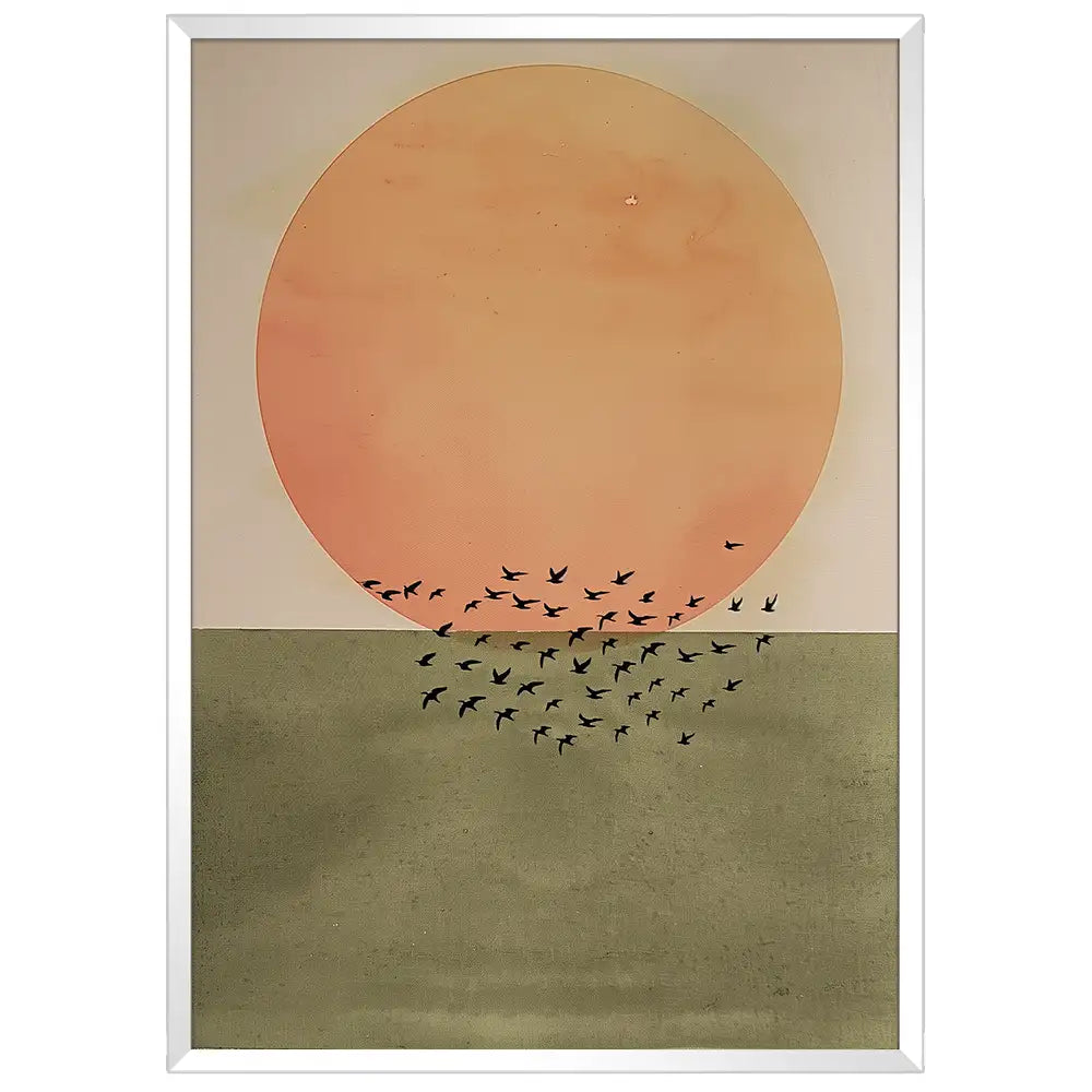 Cuadro Japandi con sol bajo y aves en vuelo