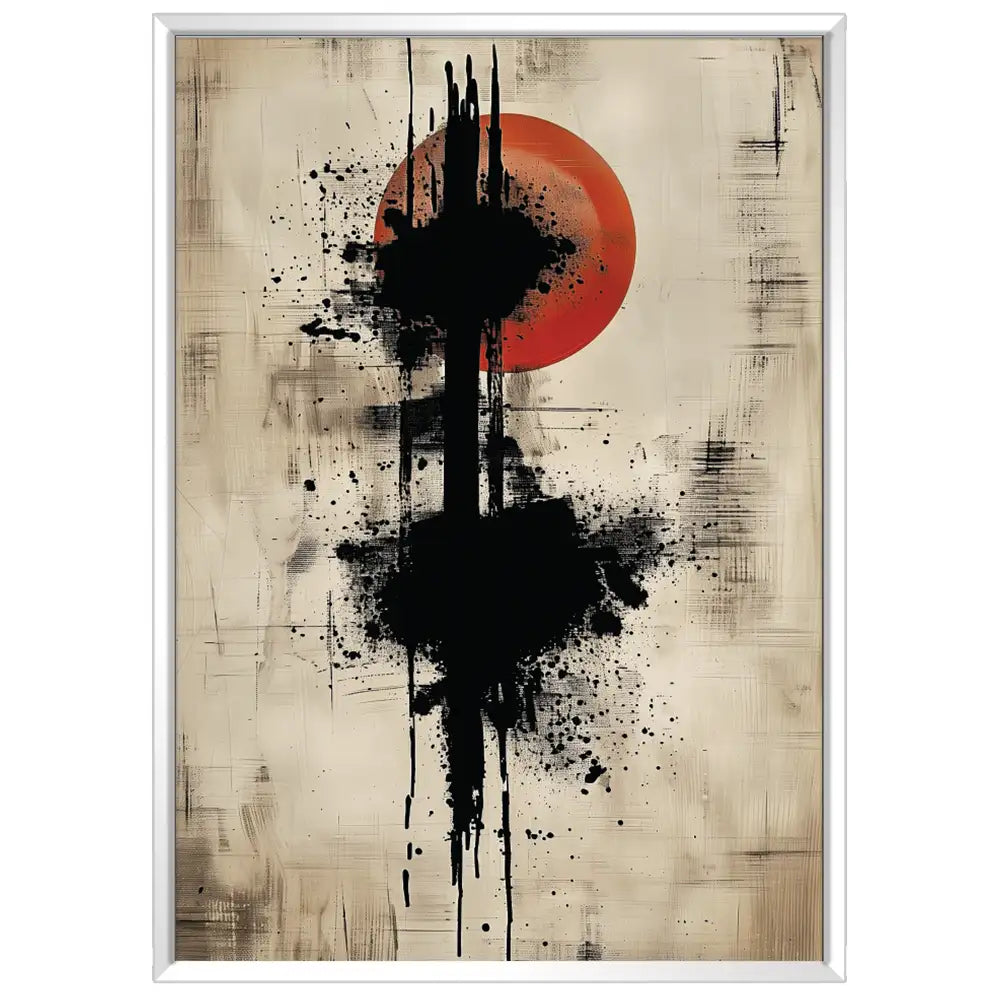 Cuadro Japandi con trazo vertical y sol rojo | Fuerza visual