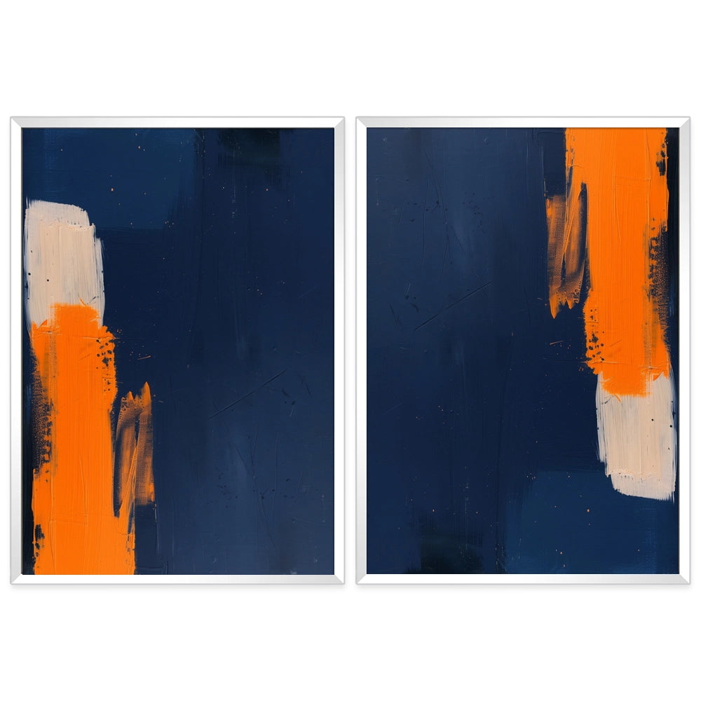 Díptico abstracto en tonos azules con acento naranja