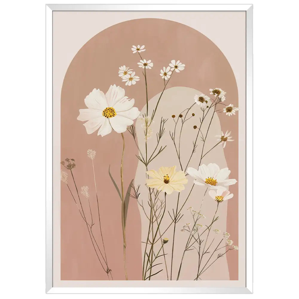 Cuadro floral en rosa palo con flores blancas y crema
