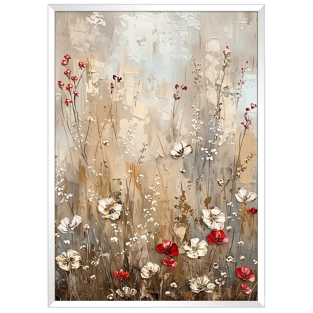 Cuadro floral con fondo beige y flores en rojo y blanco