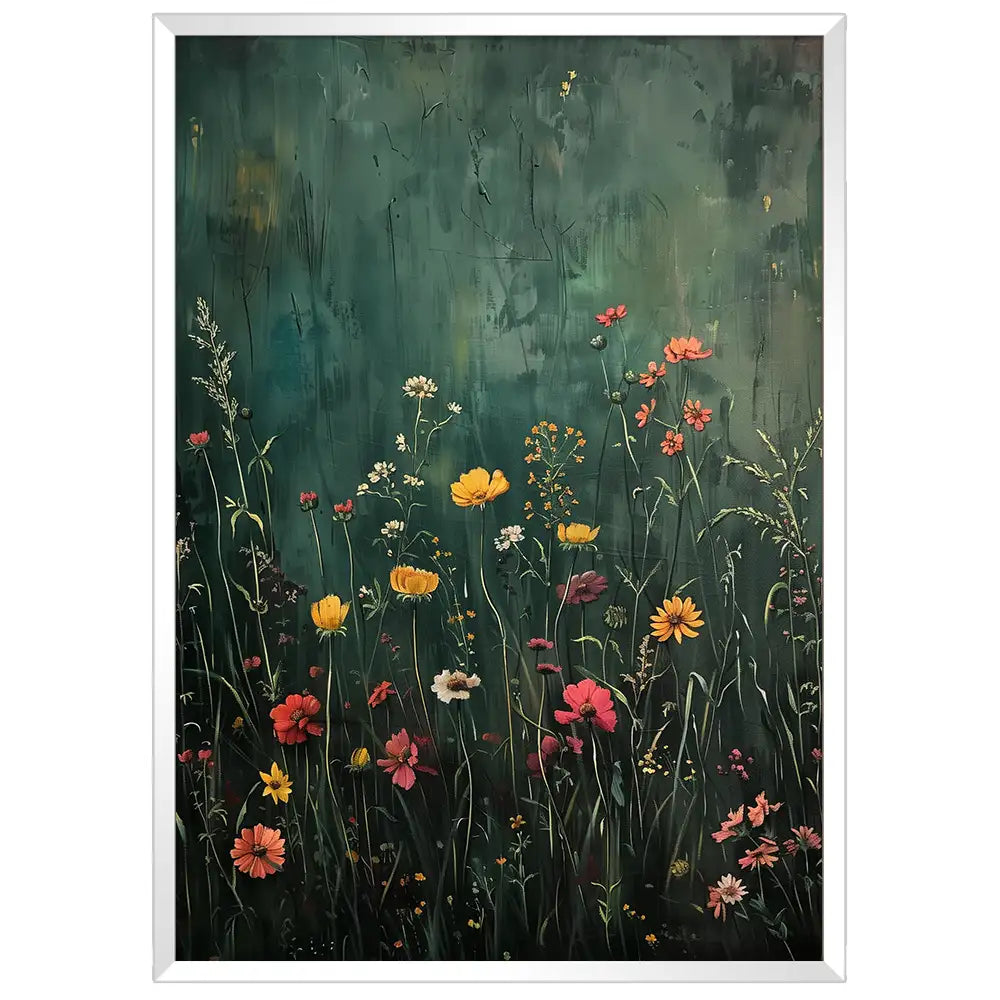 Cuadro de flores silvestres en fondo verde oscuro