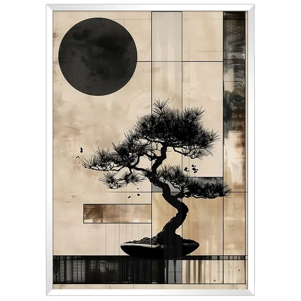 Cuadro Japandi con bonsái geométrico | Arte entre líneas