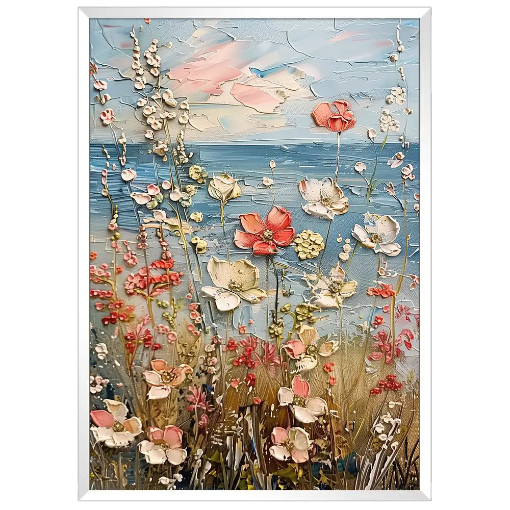 Cuadro de flores junto al mar con tonos suaves