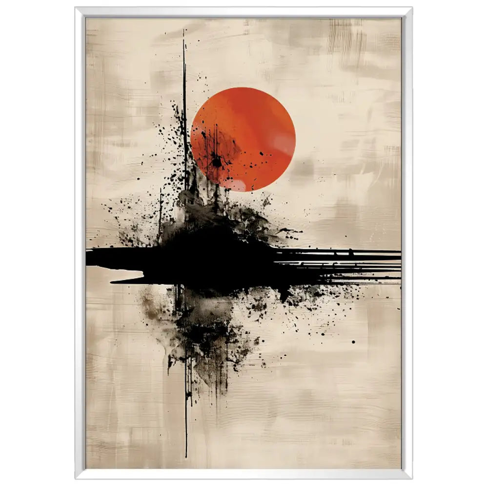 Cuadro Japandi de sol rojo y trazo negro | Estilo moderno