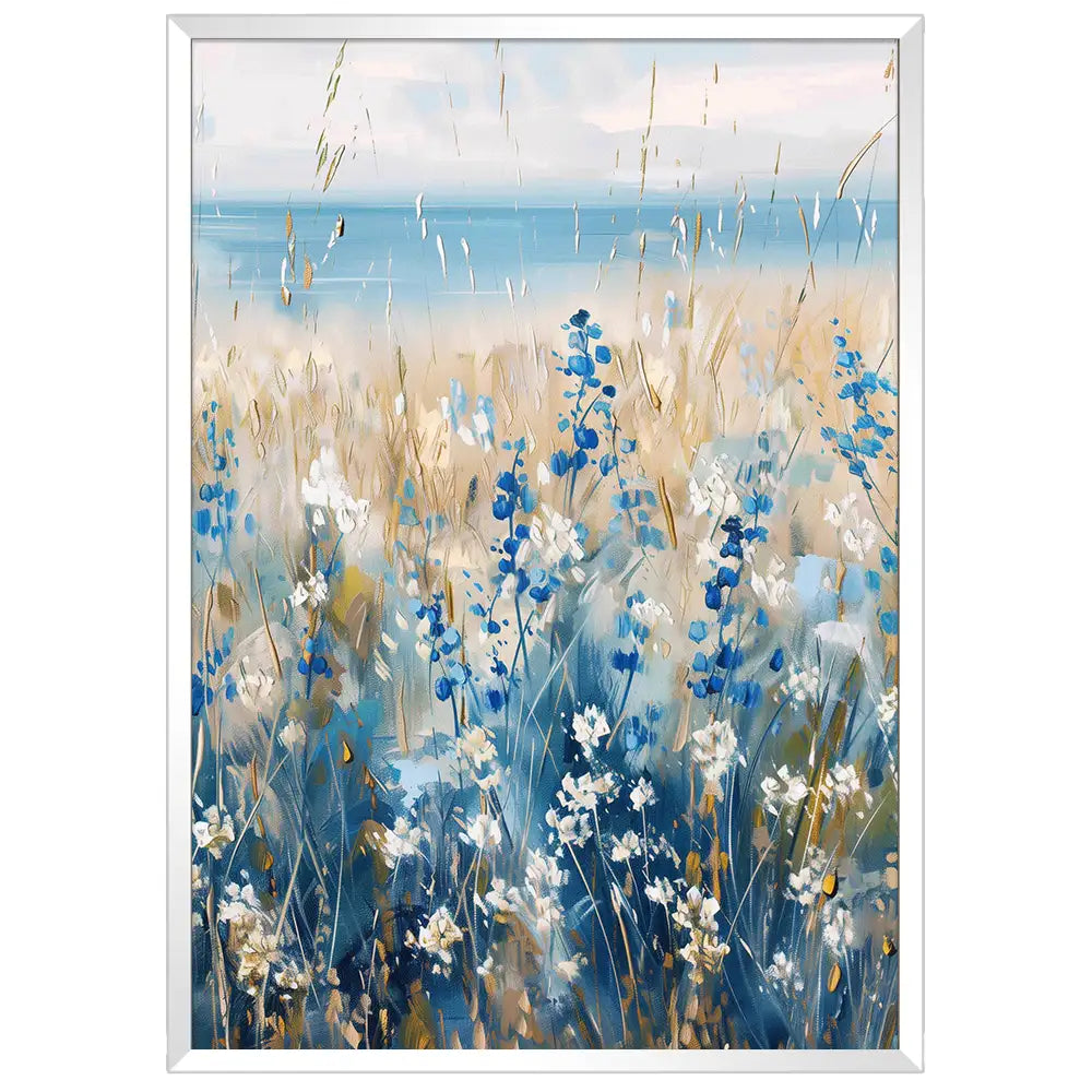 Cuadro floral con flores azules y blancas