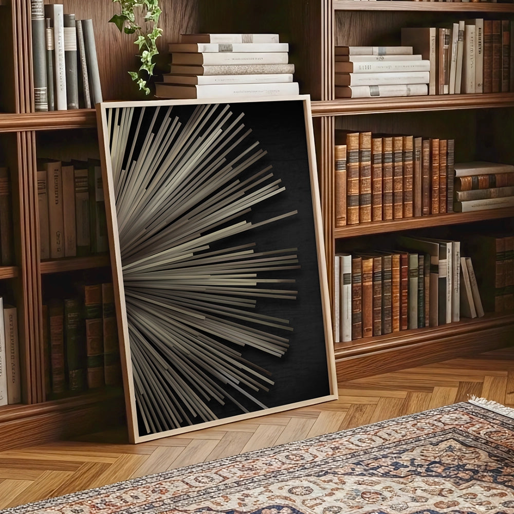 Cuadro abstracto geométrico moderno con efecto radial metalizado