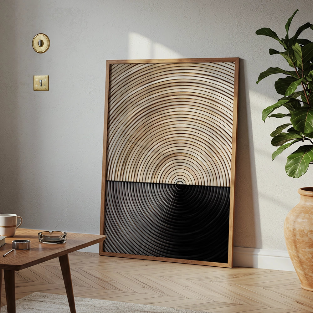 Cuadros geométricos abstractos modernos en tonos arena y negro